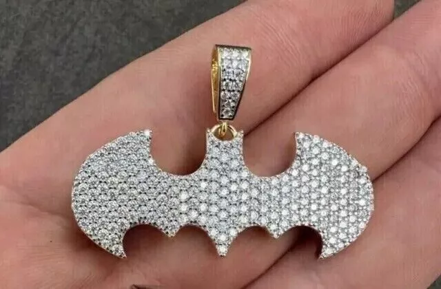 Round Cut Simulated Diamond 925 Silver Batman Pendant In 14k Yellow Gold Plated