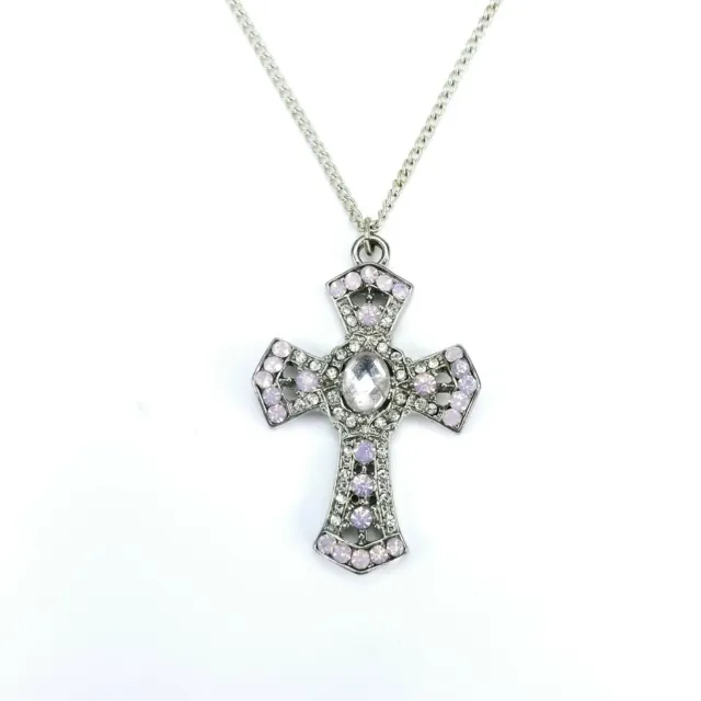 Religious Rhinestone CROSS Pendant Chain Necklace Silvertone Pink Clear 18 Inch