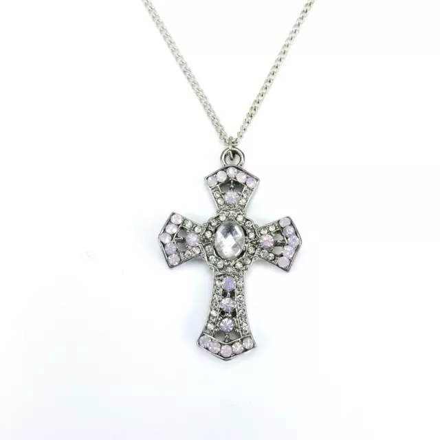 Religious Rhinestone CROSS Pendant Chain Necklace Silvertone Pink Clear 18 Inch
