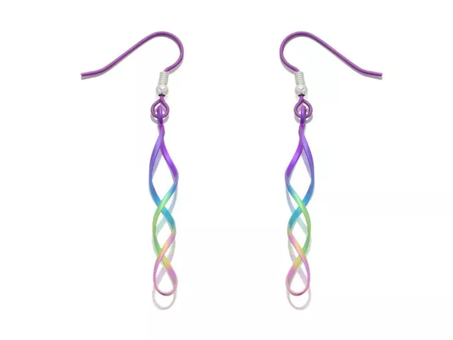 Ti2 Womens Jewellery Titanium Rainbow Double Twist Hook Wire Earrings 54mm drop