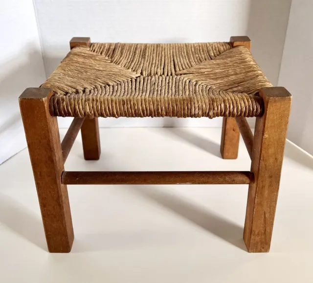 Vintage Primitive Small Woven Footstool Foot Rest Wood 9x11