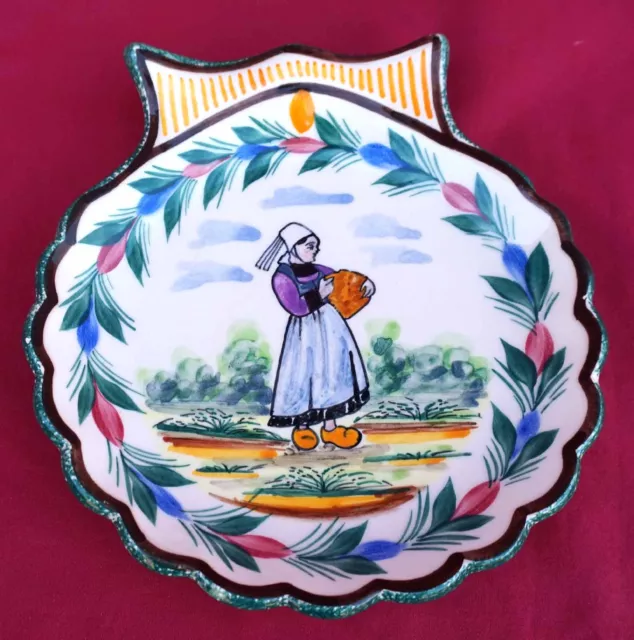 HB QUIMPER Individual Oyster Plate Bretonne Shell Hand Painted Faience  1950