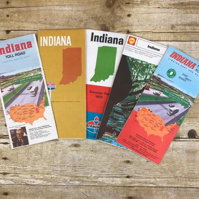 Lot of 5 Vintage Maps Indiana State IN Travel Gasoline Oil Gulf Shell Toll Road