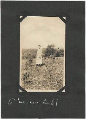 Young Woman in Flower Meadow Outdoor Landscape Trees Snapshot on Album Page