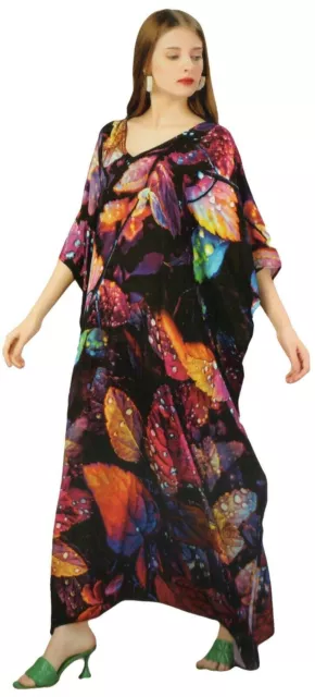 Printed Indian Black-a Feather Silk Women Nightwear Kaftan Maxi Dress