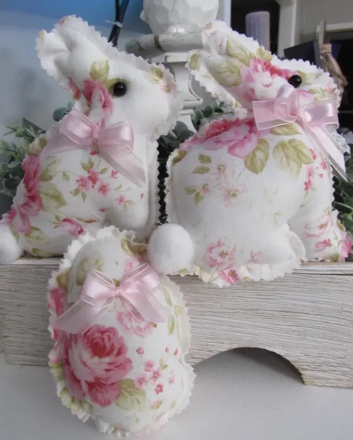 3 Shabby Chic Pink Roses Cottage Easter Bunny Egg Farmhouse Tier Tray