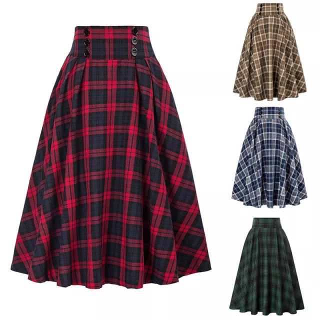 Donna Tartan Pieghe Gonna Lunga Quadri Casual Plaid Vita Alta Gonne Abito -