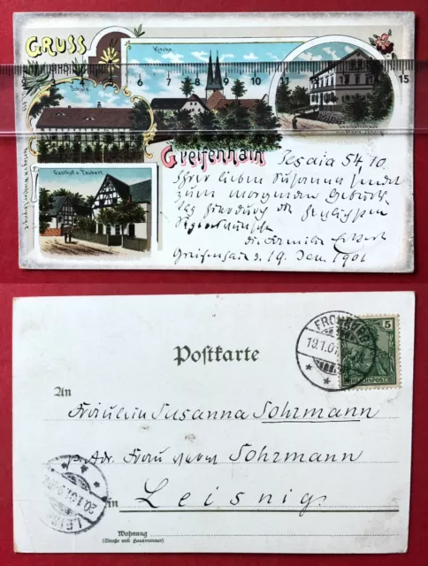 Cartolina litho GREIFENHAIN presso Frohburg 1901 scuola, chiesa, locanda Taubert (98382