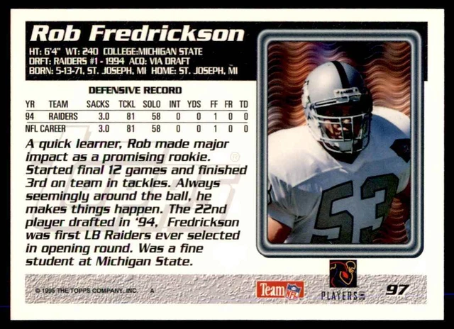 1995 TOPPS ROB Fredrickson Los Angeles Raiders #97 EUR 1,38 - PicClick FR