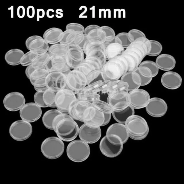 100Pcs Plastic Clear Coin Capsules Storage Case Box Holder for 21mm Coins