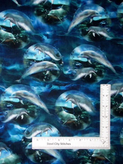 Nautical Dolphin Sea Fabric Ocean Dazzling Dolphins Digital Cotton QT By Yard