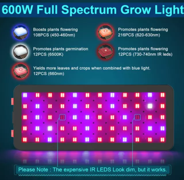 Phlizon 600W LED Grow Light Lamp Red Blue Full Spectrum for Seedling Veg Flower 2