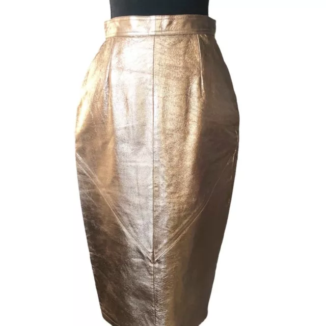 VTG Pia Rucci Gold Crackled Leather Pencil Skirt Womens SZ 10