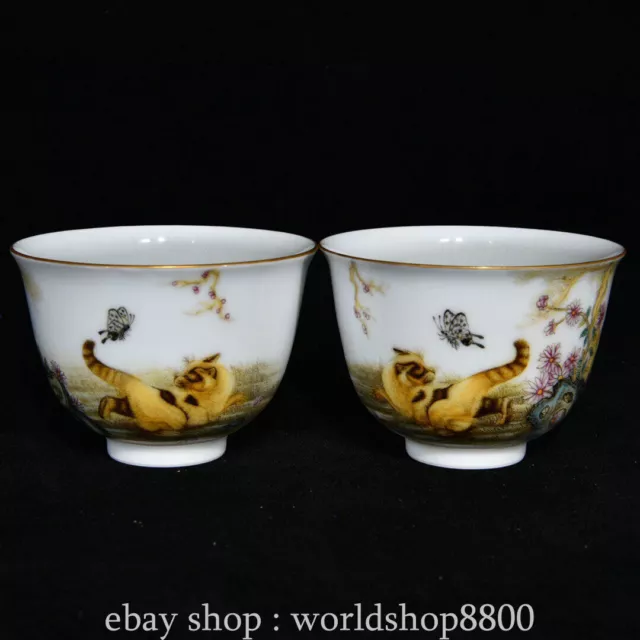 3.4“Old Chinese Yongzheng Enamel porcelain cat butterfly bowl cup pot pair