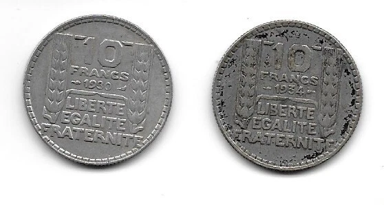 Lot de 2 pièces en argent 10 Francs Turin - Années 1930 et 1934 - N° 7