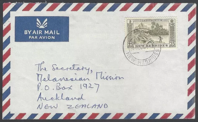 AOP New Hebrides 1957 25c on cover to New Zealand