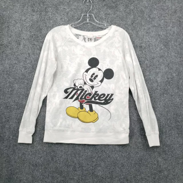 Disney T-Shirt Womens S Small Juniors White Mickey Mouse Long Sleeves