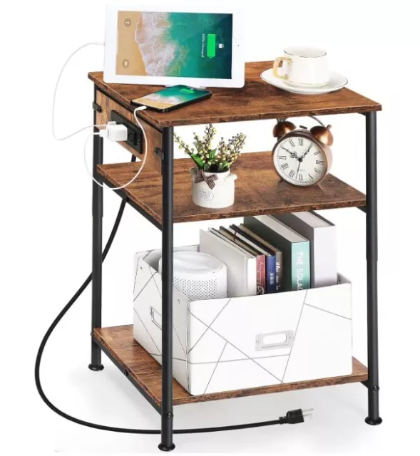 3-Tier Nightstand with Charging Station Side Tables Living Room, Bed Side Table