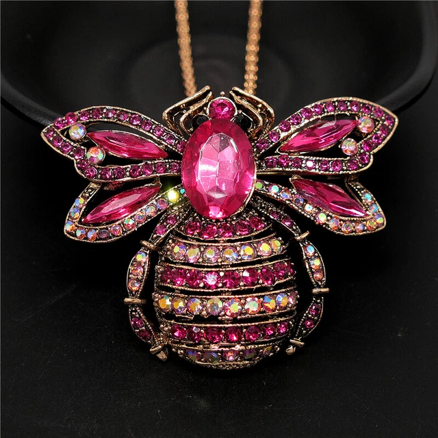 Betsey Johnson Bling Rose Rhinestone Honey Bee Crystal Pendant Chain Necklace
