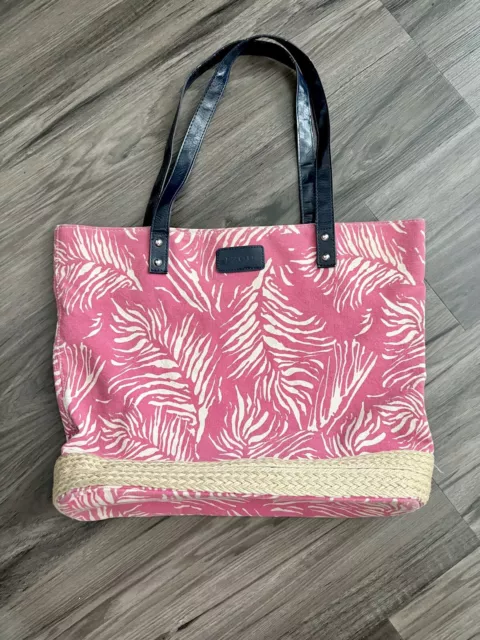 Izod Pink Tropical Handbag Tote Bag Purse Beach Summer Resort Canvas Raffia