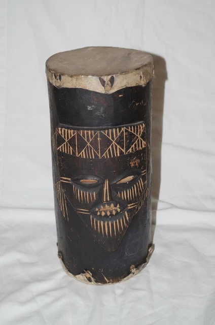 Vintage African Hand carved drum Tribal Mask Face and diamond