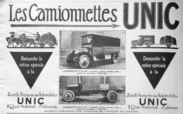 Publicité Presse 1919 Les Camionnettes Unic 13-24 Hp 4 Cylindres - Advertising