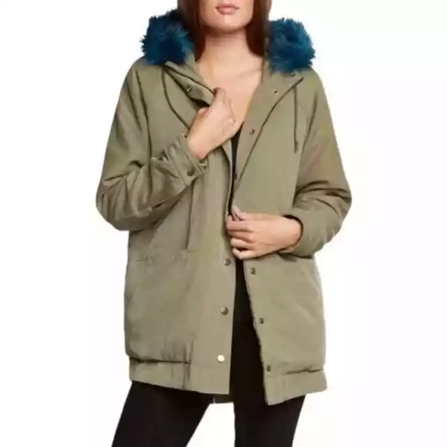 Willow & Clay NWT Women's Blue Fur Trim Anorak Hooded Parka Jacket Size XS 2