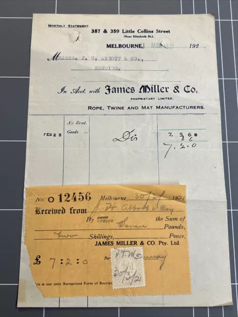 Vintage Receipt James Miller Rope Twine Mat Manufacturer Collins Melbourne 1921