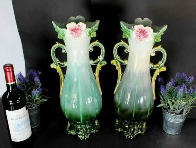 pair antique barbotine majolica Vases floral decor art nouveau