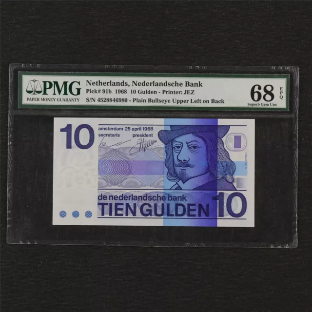 1968 Netherlands Nederlandsche Bank 10 Gulden Pick#91b PMG 68 EPQ Gem UNC