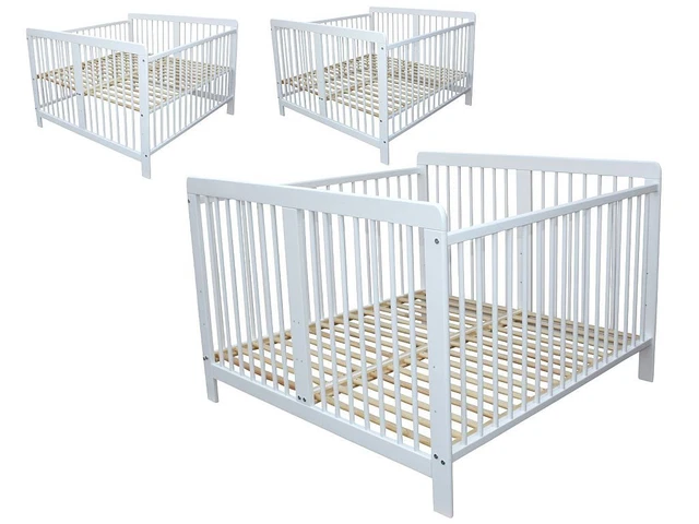 Zwillingsbett Kinderbett für Zwillinge massiv weiss mit 2 Matratzen und Nestchen 3