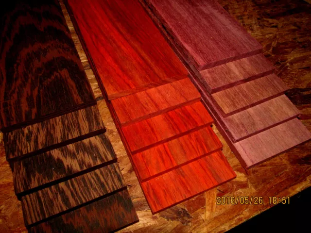 15 Piece Thin Exotic Bloodwood, Purpleheart, Wenge Wood Lumber 12" X 3" X 1/4"