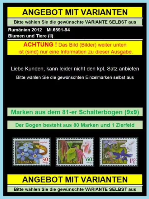 Rumänien 2012 Blumen,Tiere,Schlange aus Mi.6591-94 Zf. ** aus großem Bogen RAR