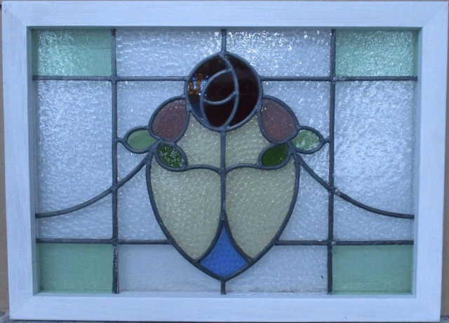 MIDSIZE OLD ENGLISH LEADED STAINED GLASS WINDOW Gorgeous Floral 26.25" x 19"