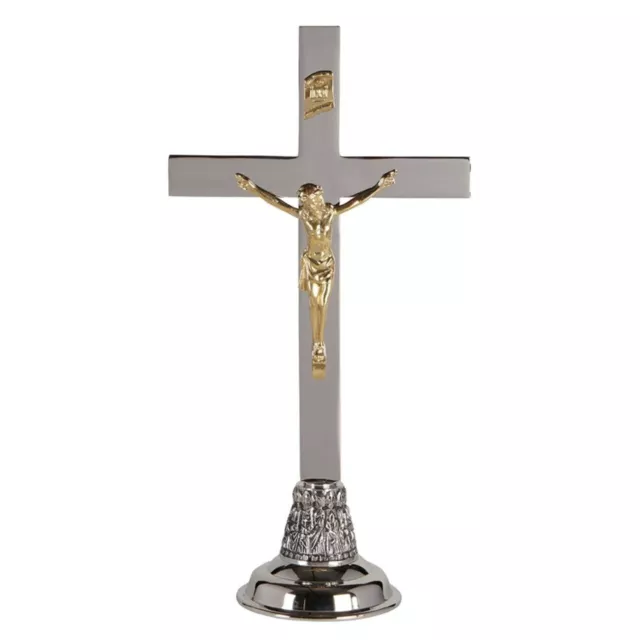 Polished Brass Two Tone Nickel Plate Standing Last Supper Altar Crucifix 17 In