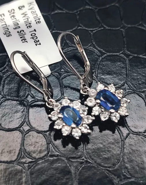 Sterling Silver Blue Kyanite White Topaz Drop Earrings 925 Cluster Halo Lady Di
