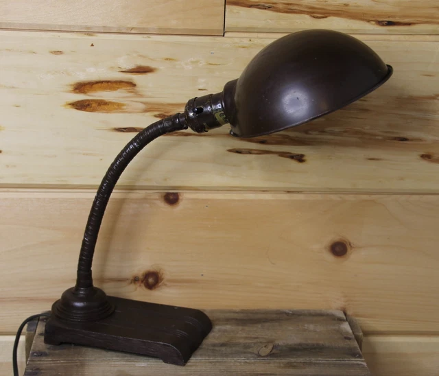 Vintage Art Deco Brown Metal Desk Home Office Gooseneck Lamp - Crown 744