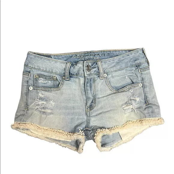 American eagle stretch shortie light wash With lace hem shorts size 2