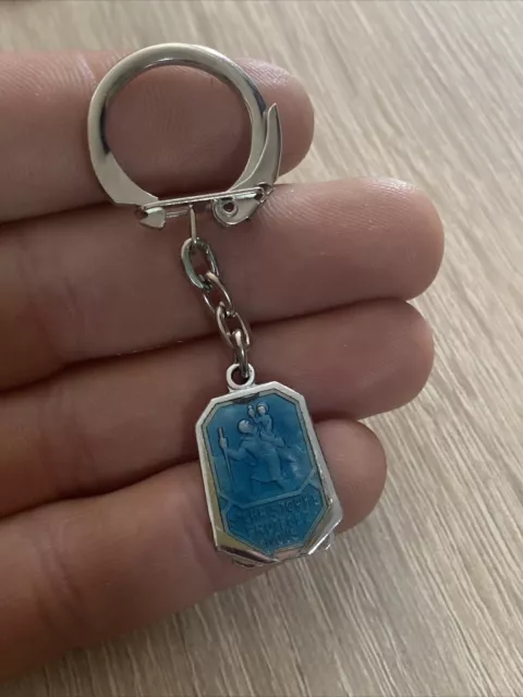ancienne porte clés métal blason médaille saint Christophe Emaux Bleu