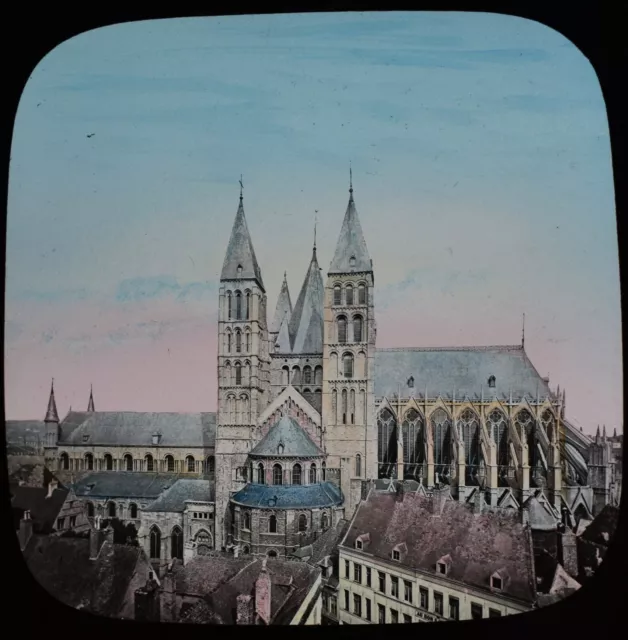 ANTIQUE Magic Lantern Slide TOURNAI CATHEDRAL C1888 VICTORIAN PHOTO BELGIUM