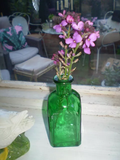 Hübsche Vintage 1950er Kleine Grüne Glasflasche Medizin Vase, Blumendisplay