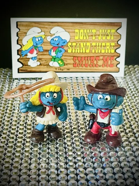SMURFS COWBOY SMURF Cowgirl Smurfette Figures & Super Card Vintage ...