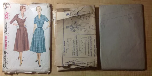 Vtg Dress 1940-50s SIMPLICITY Women Sewing Pattern 3539 One-Piece Coat Dress B32 3