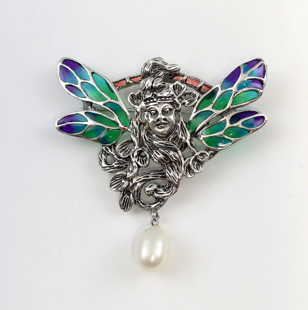 9927082 925er Argent Émaillé Broche / Pendentif Art Nouveau