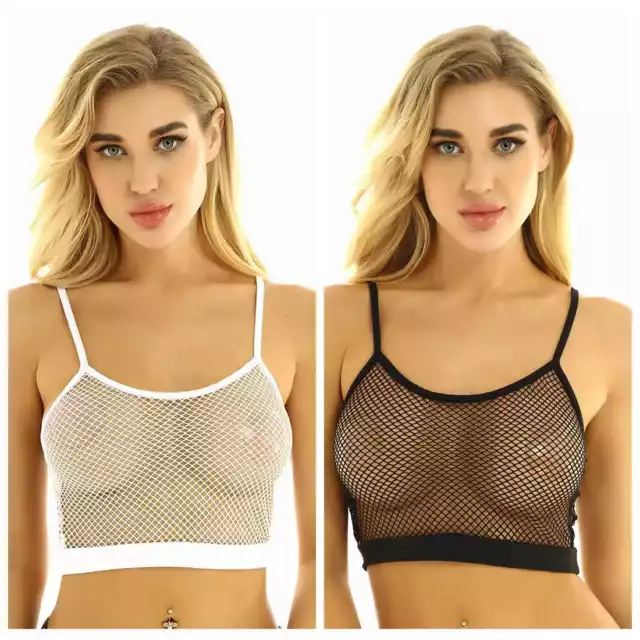 US Women Strappy Mesh Bralette Crop Top See Through Fishnet Cami Bra Tank Vest