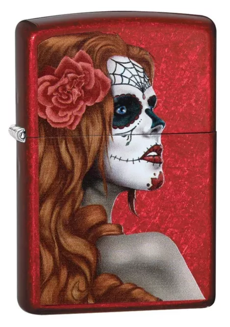 New Zippo Lighter Day of the Dead Zombie Girl Vivid Red (Mexican Celebration)
