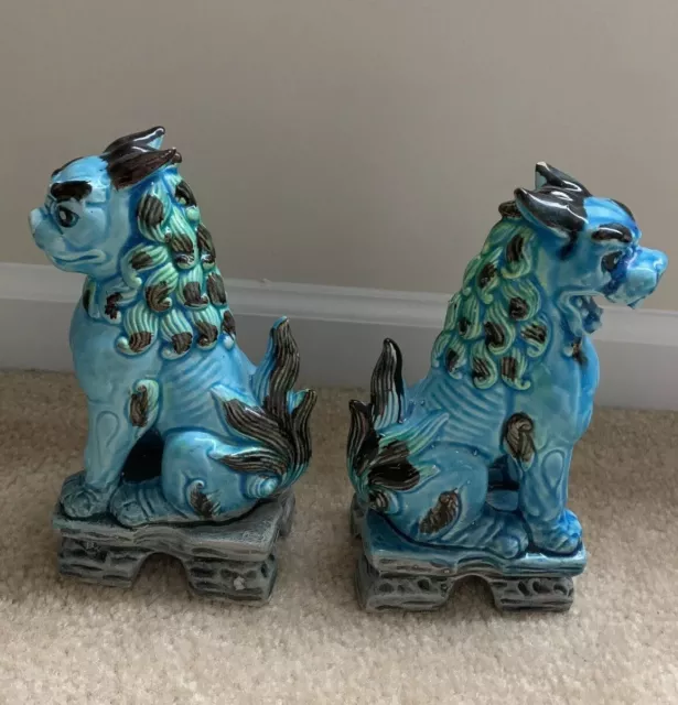 Vintage Mid-century pair japanese komainu lion dog ceramic turquoise green glaze 2