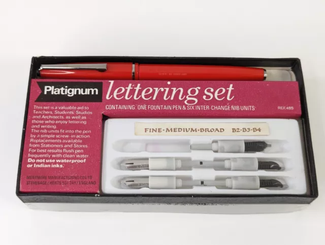 Vintage Platignum Lettering Set Red Fountain Pen and Nibs