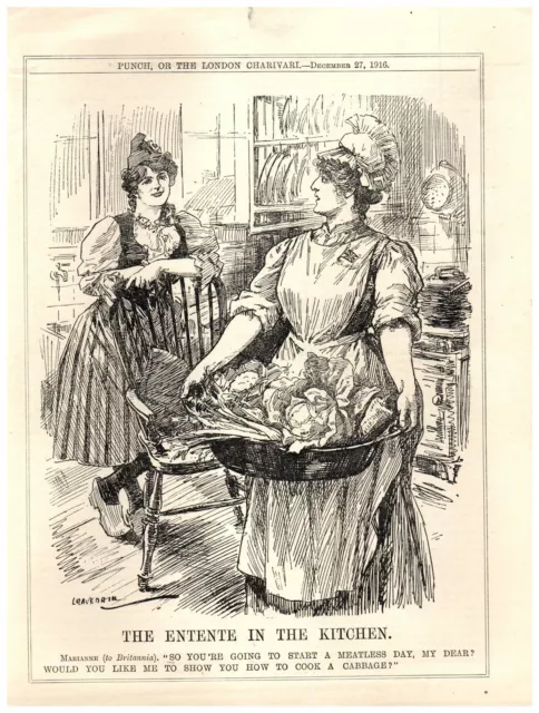 French and British Women Cook Meatless Day Cabbage WWI Homefront Punch Cartoon