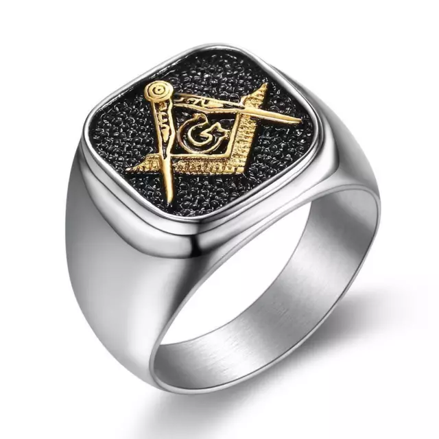 Mens Stainless Steel Gold Freemason Masonic Lodge Ring Silver Size 7-15